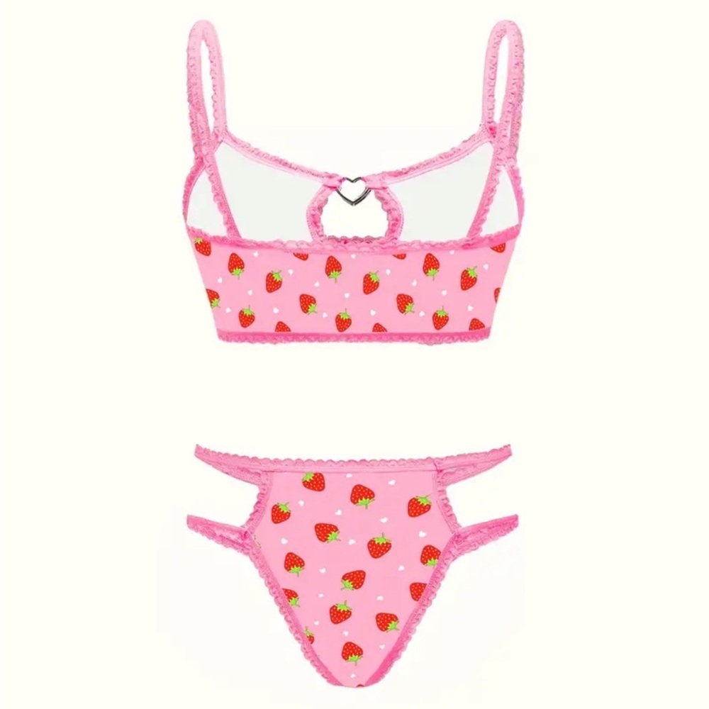Pink Strawberry Heart Cutout Lingerie Set 2Pc Bralette High Cut Panty NWT - Picture 2 of 3
